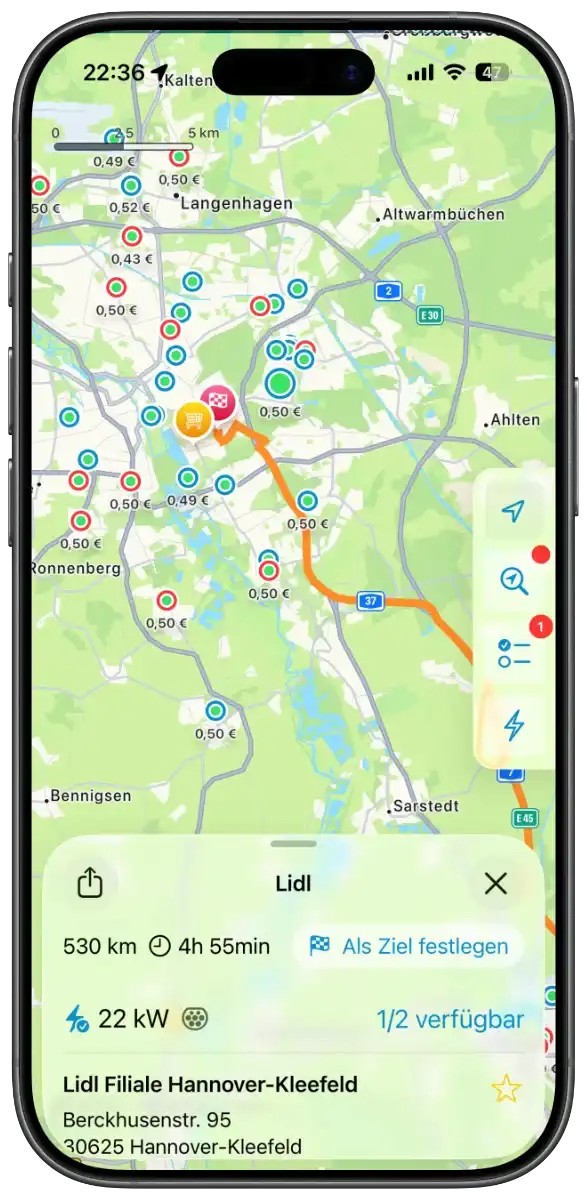 ChargEV Flex Kartenansicht mit Ladepunkten