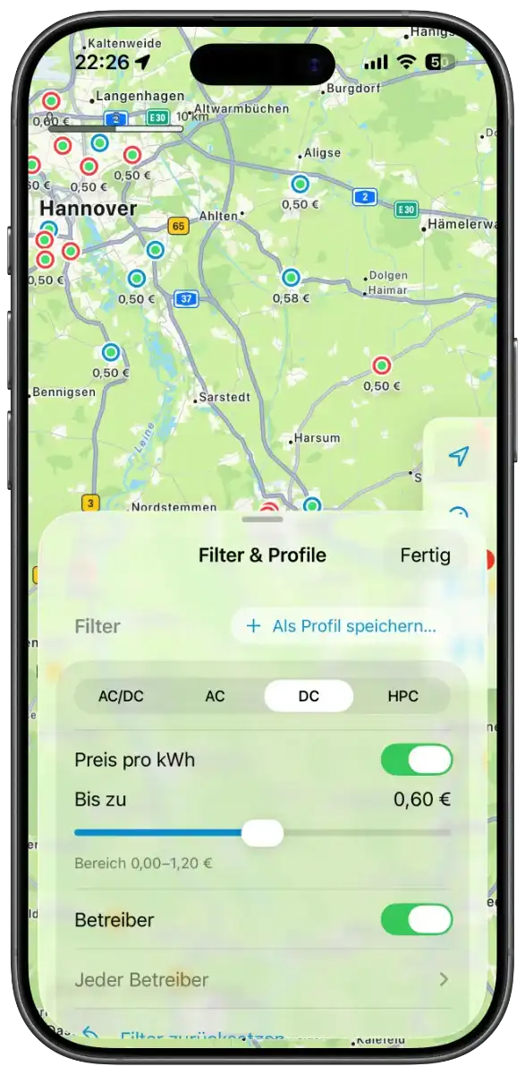 Gefilterte Kartenansicht der ChargEV Flex App