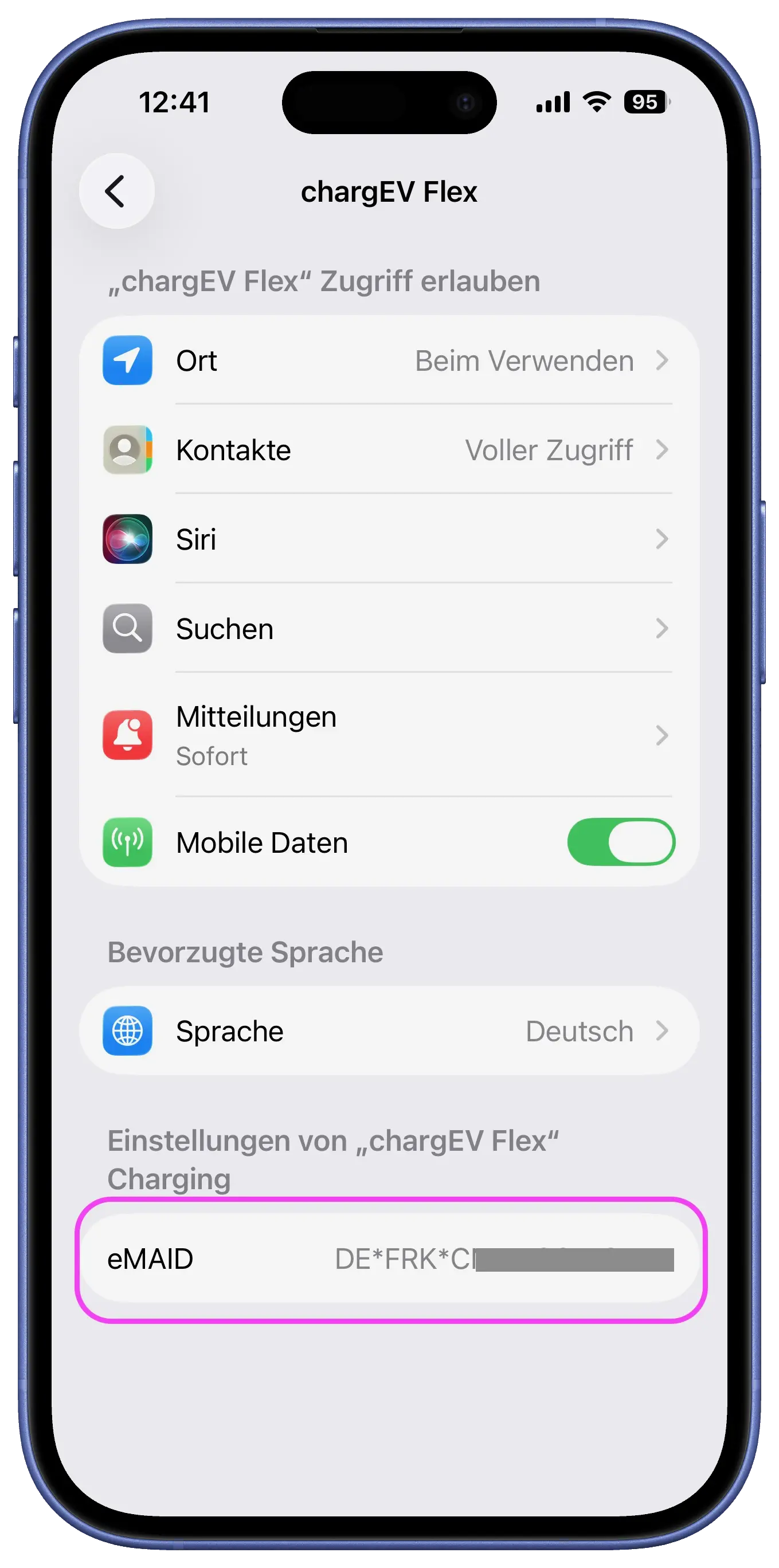 The eMAID in the ChargEV Flex app settings on iPhone